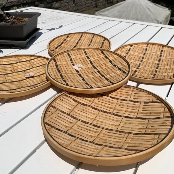 FIRM PRICE Vintage Woven Bamboo Serving Trinket Plates 5pc Set - Picture 1 of 10